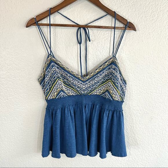 Free People blue spaghetti strap embroidered and beaded tank top size large - Picture 2 of 12
